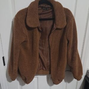Boohoo Cozy Teddy Jacket in Warm Brown